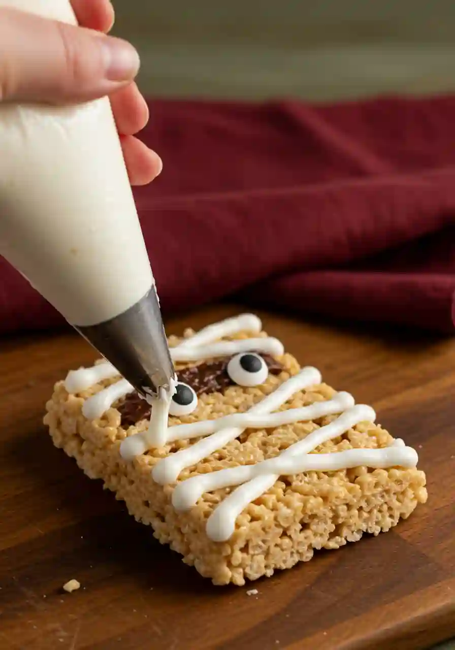 Mummy Rice Krispie Treats Decoration Step Piping frosting to create mummy bandages on Rice Krispie Treats