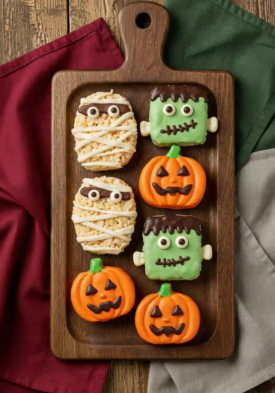 Serving Halloween Rice Krispie Treats Platter of decorated Halloween Rice Krispie Treats styled with brand colors