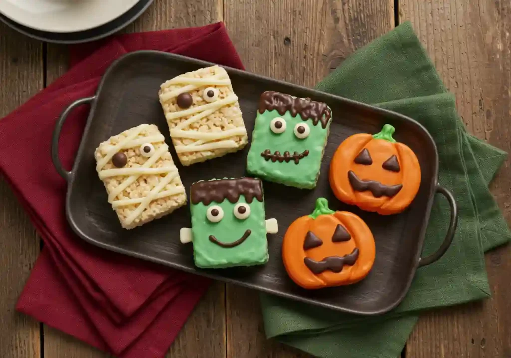 Halloween Rice Krispie Treats decorated in four spooky designs on a platter