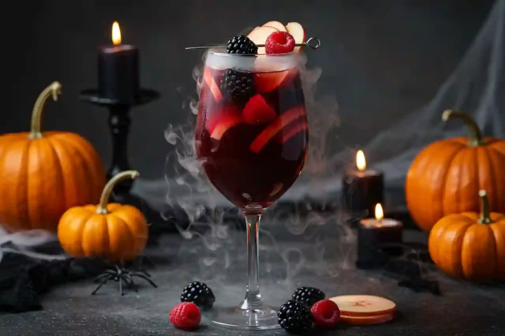 Halloween Sangria goblet with smoky dry ice fog in brand colors.