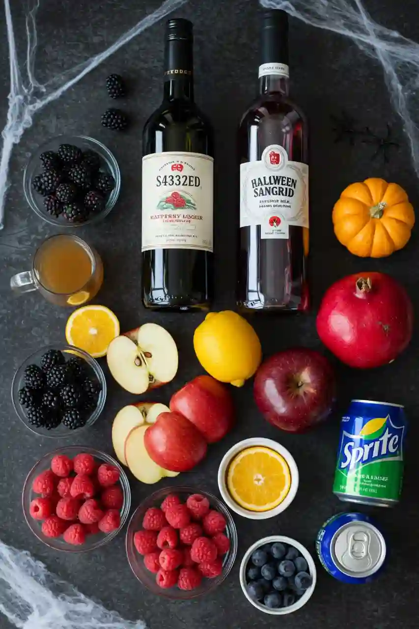 Halloween Sangria Recipe – Ingredients Flatlay Flatlay of Halloween Sangria ingredients on dark rustic background.
