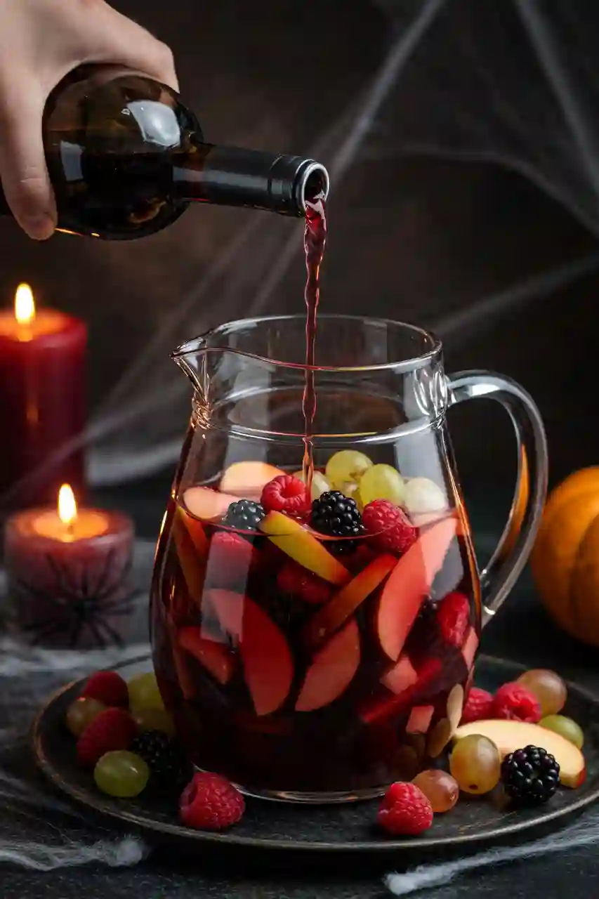 Halloween Sangria Recipe – Key Step Image Red wine and vodka poured into pitcher of Halloween Sangria fruit.