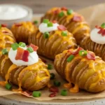 Hasselback potato bites with melted cheese and creamy sour cream topping.