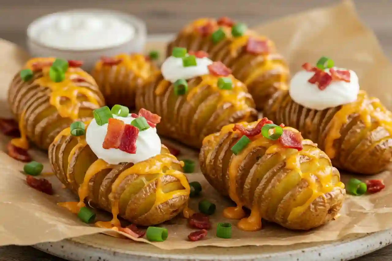 Hasselback potato bites with melted cheese and creamy sour cream topping.