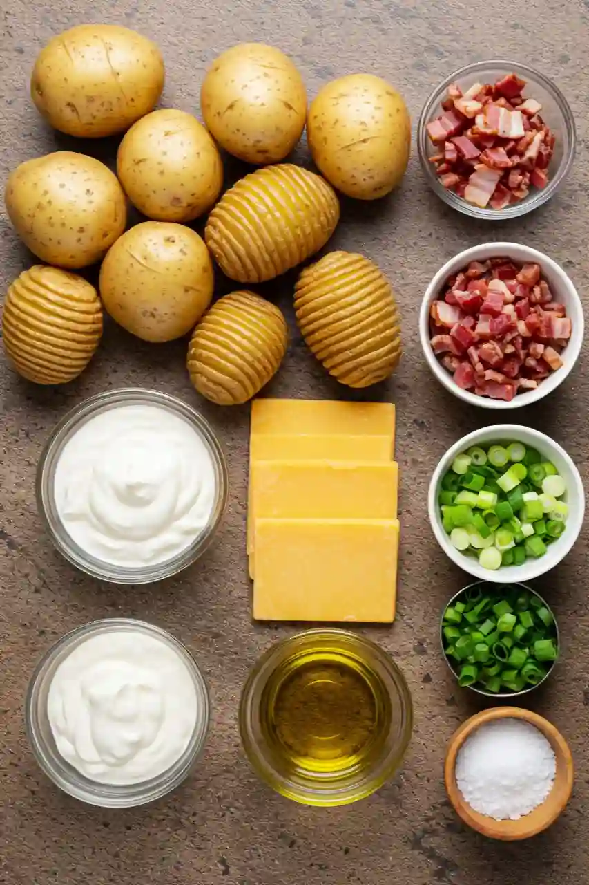 hasselback-potato-bites-ingredients Ingredients for Hasselback potato bites including cheese, potatoes, bacon, and sour cream.