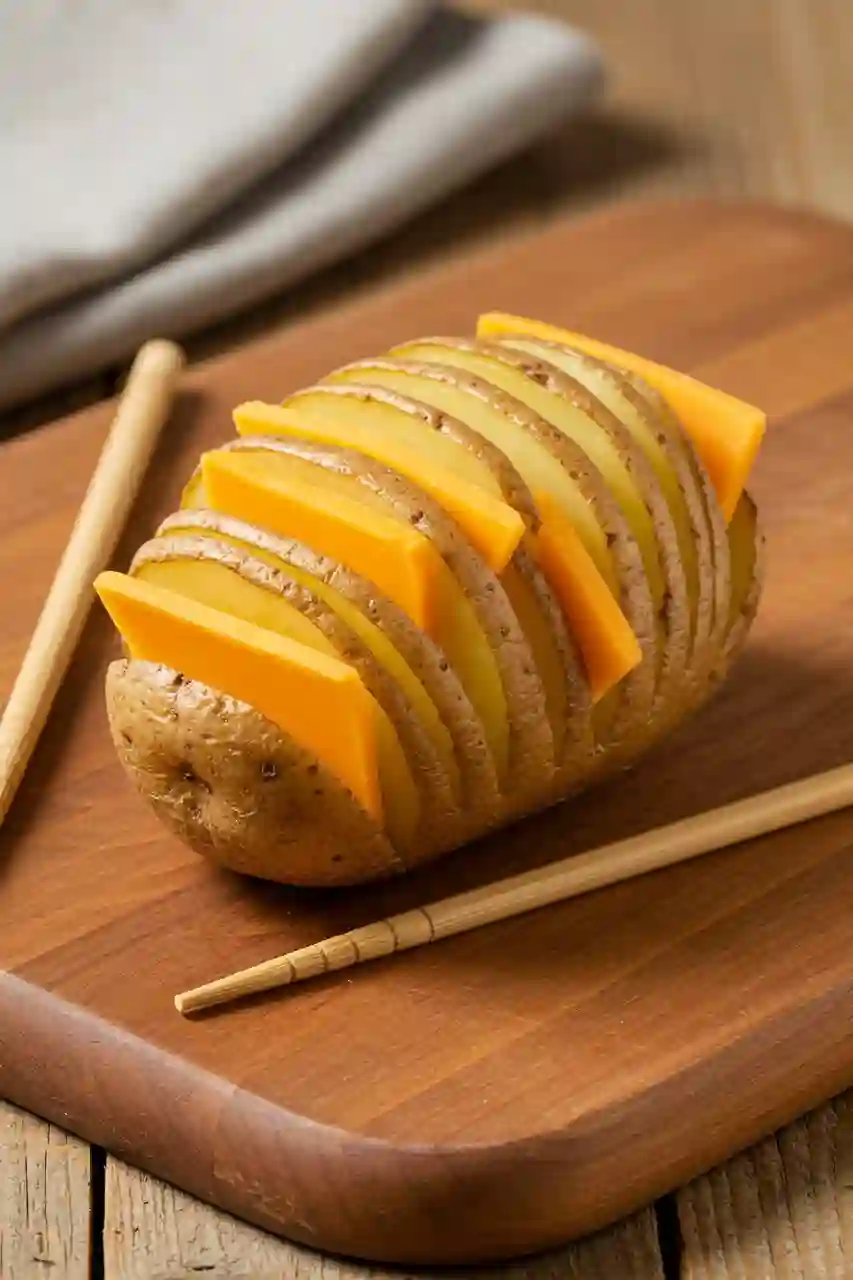 hasselback-potato-bites-step Hasselback potato being sliced with chopsticks and filled with cheese.