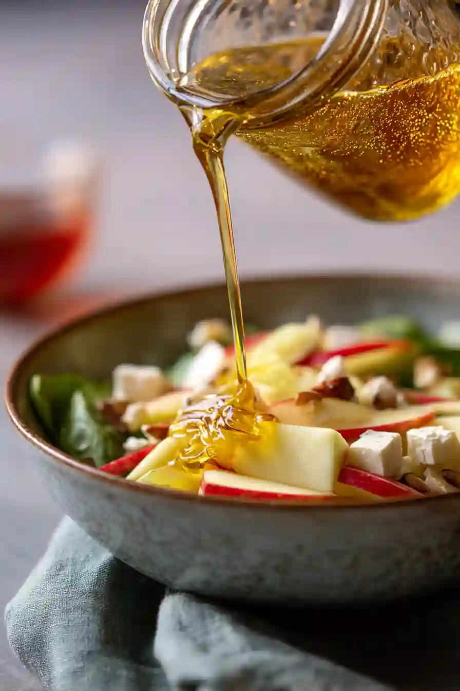 honeycrisp-apple-feta-salad-dressing-step Dressing poured over Honeycrisp Apple Feta Salad in ceramic bowl.
