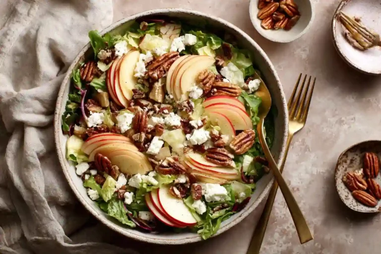Honeycrisp Apple Feta Salad in a ceramic bowl with apples, feta, and pecans.