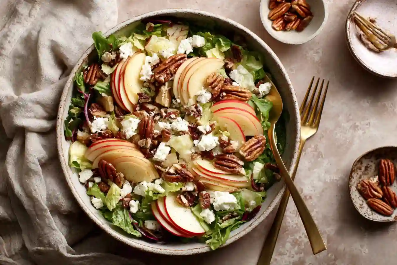 Honeycrisp Apple Feta Salad in a ceramic bowl with apples, feta, and pecans.