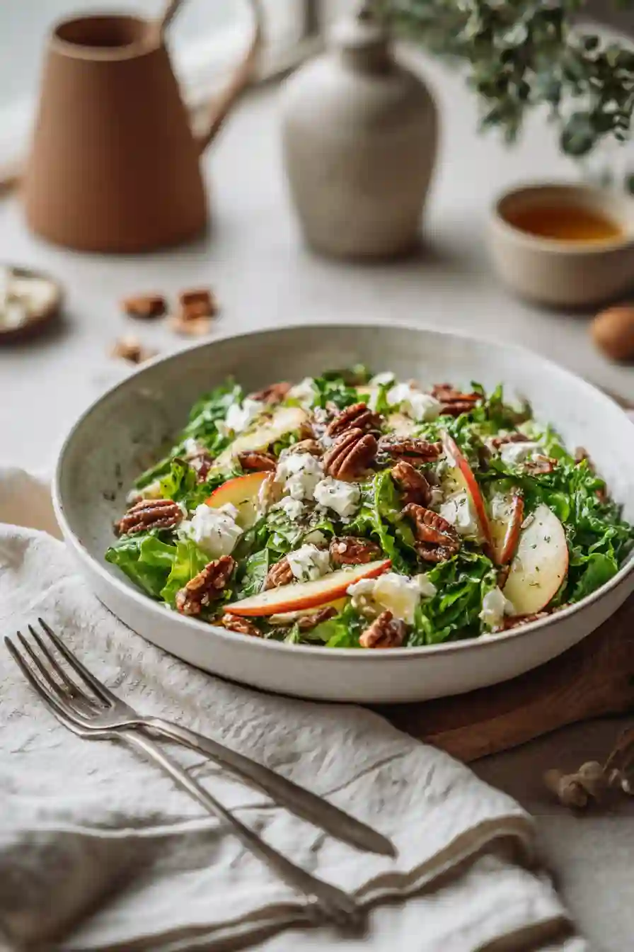 honeycrisp-apple-feta-salad-serving Individual serving of Honeycrisp Apple Feta Salad in shallow ceramic bowl.