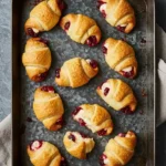Assembling crescent bites with cranberry and cream cheese filling before baking