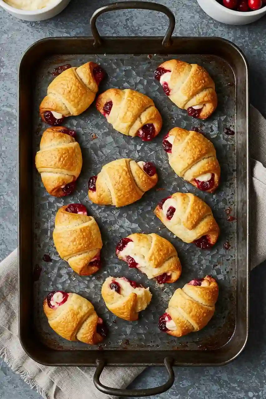 making-cranberry-cream-cheese-crescent-bites Assembling crescent bites with cranberry and cream cheese filling before baking
