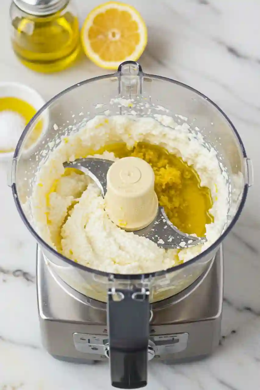 making-spicy-ricotta-dip Ricotta mixture being blended in food processor with olive oil and lemon