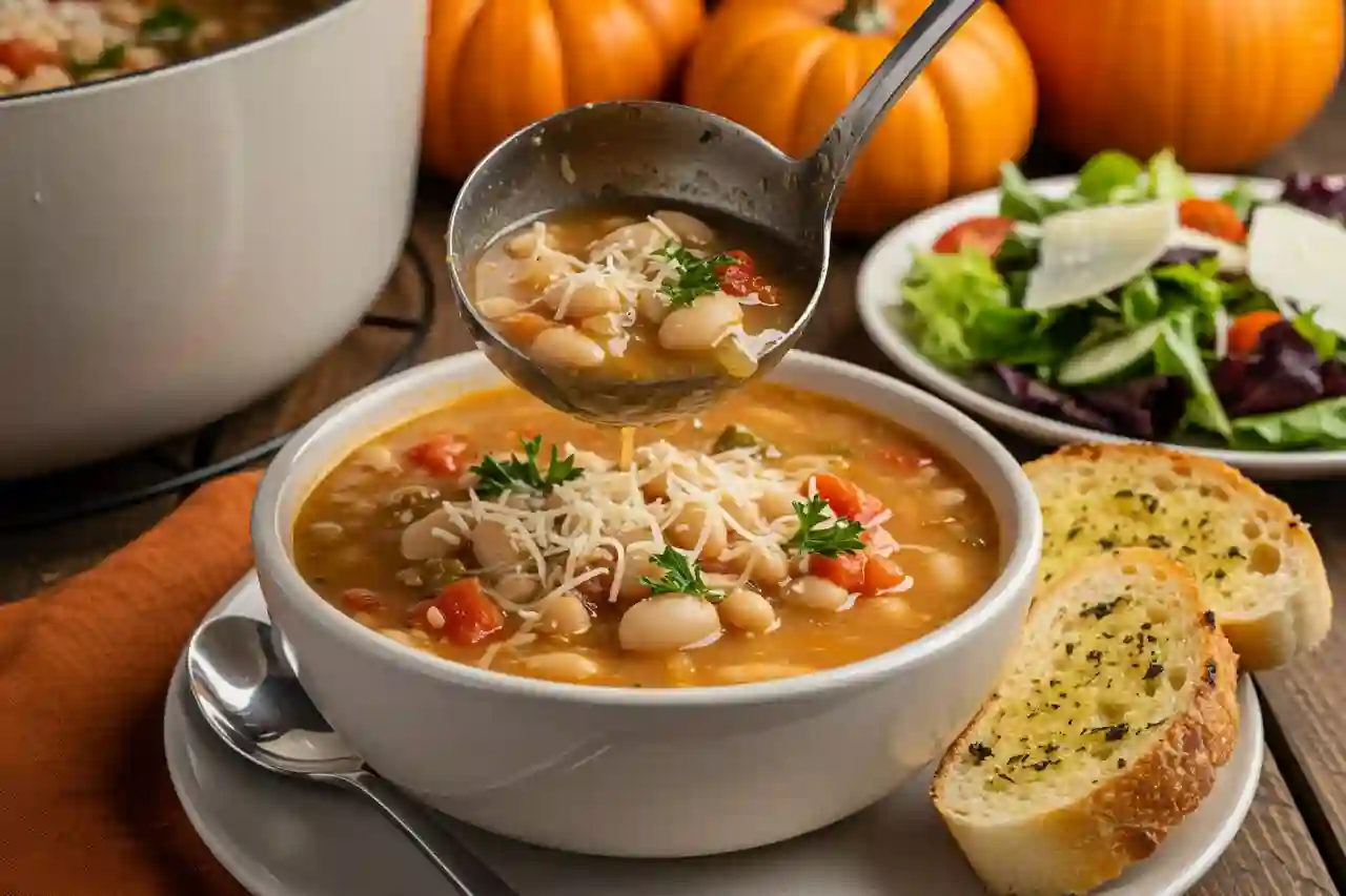 Mediterranean White Bean Soup served hot in a rustic bowl with spinach, carrots, and beans.