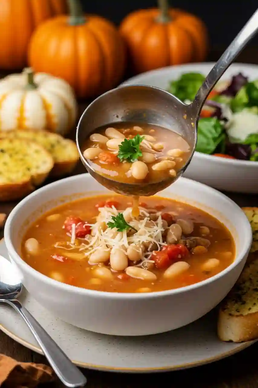 mediterranean-white-bean-soup-final Mediterranean White Bean Soup served with garlic bread and salad on a fall table.