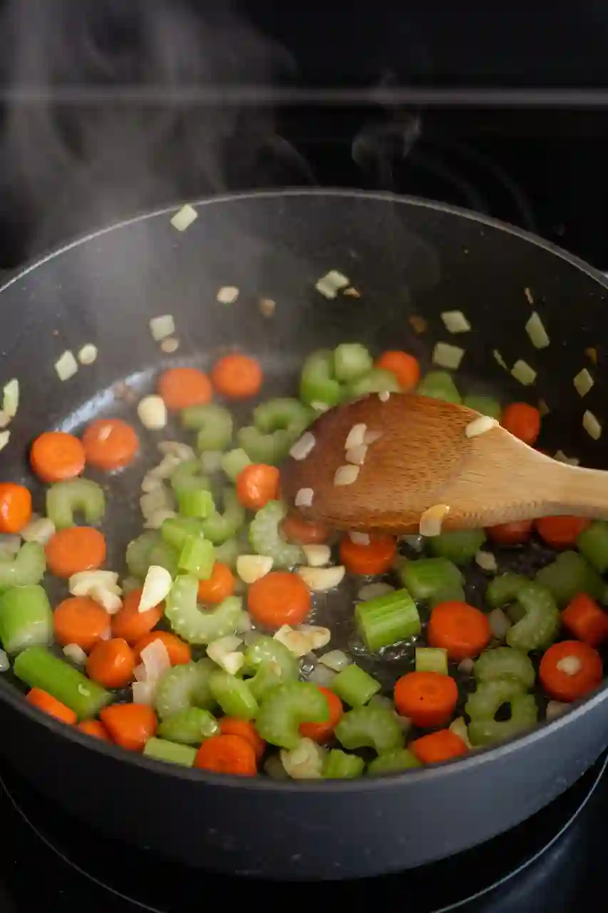 mediterranean-white-bean-soup-step Vegetables sautéing in a Dutch oven for Mediterranean White Bean Soup.