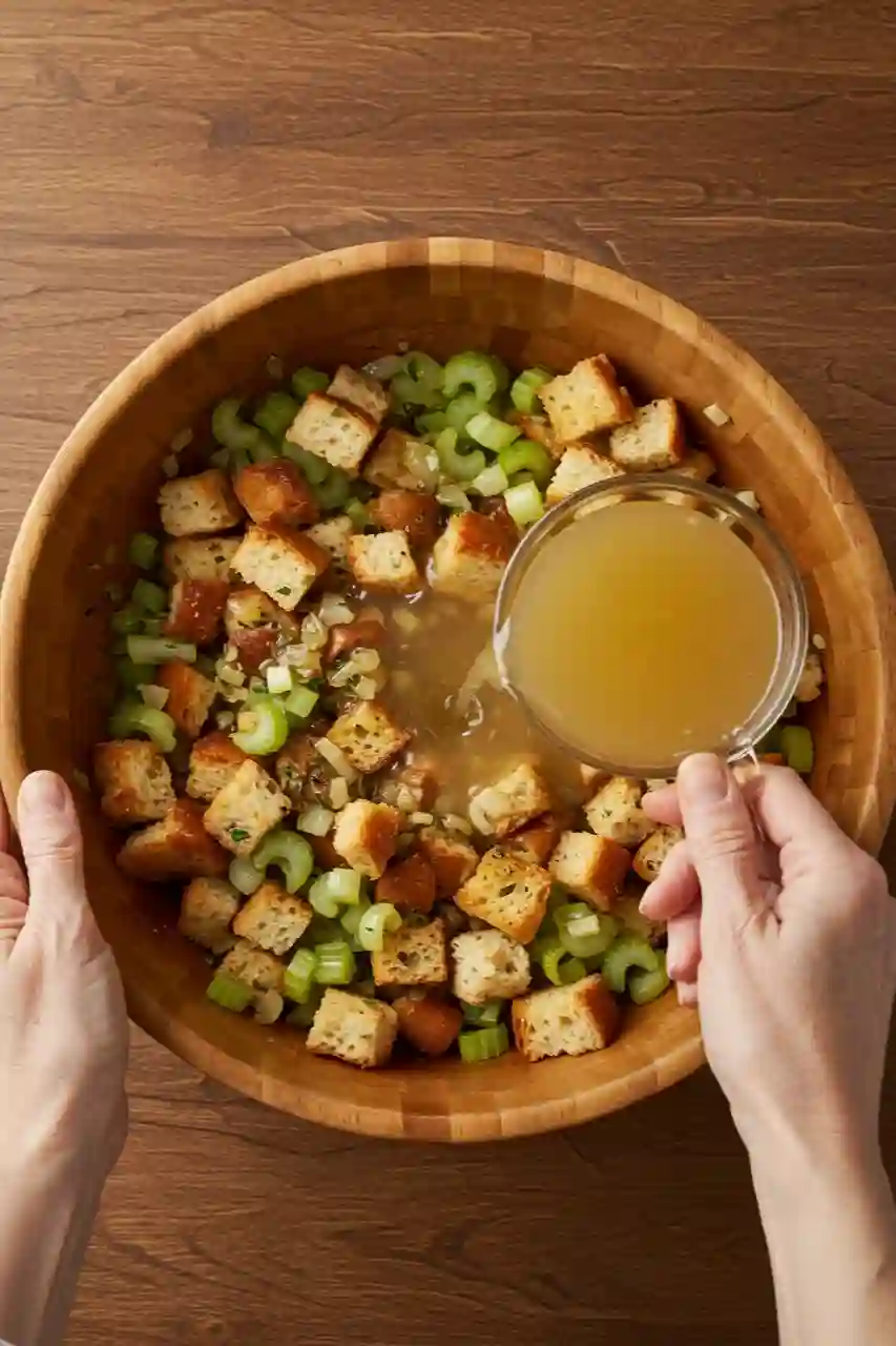 Mixing Grandma’s Stuffing Ingredients Hands mixing bread cubes, onions, and celery for Thanksgiving stuffing