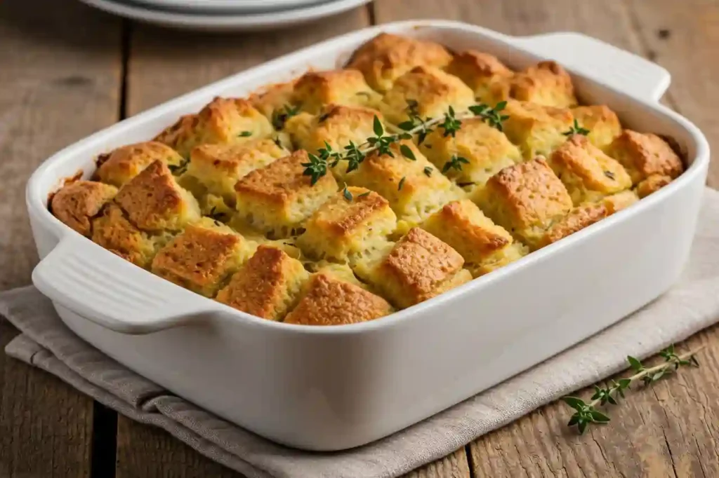 Perfect homemade stuffing baked golden in a white dish with crispy edges and herbs