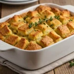 Perfect homemade stuffing baked golden in a white dish with crispy edges and herbs