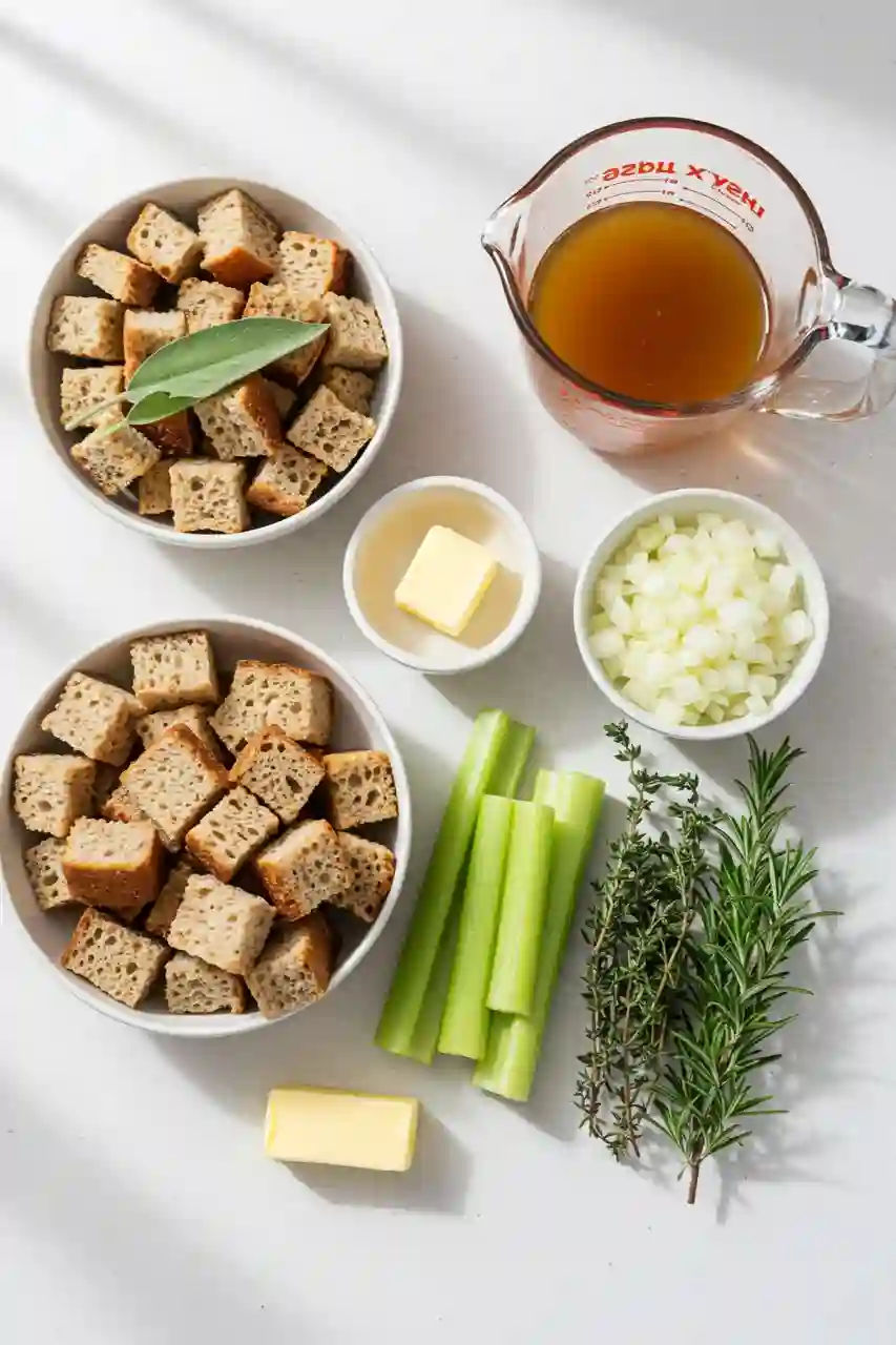 perfect-homemade-stuffing-ingredients Ingredients for perfect homemade stuffing laid out on a countertop