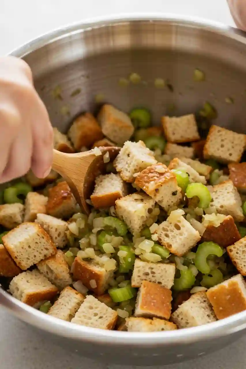 perfect-homemade-stuffing-key-step Mixing the ingredients for perfect homemade stuffing in a large bowl
