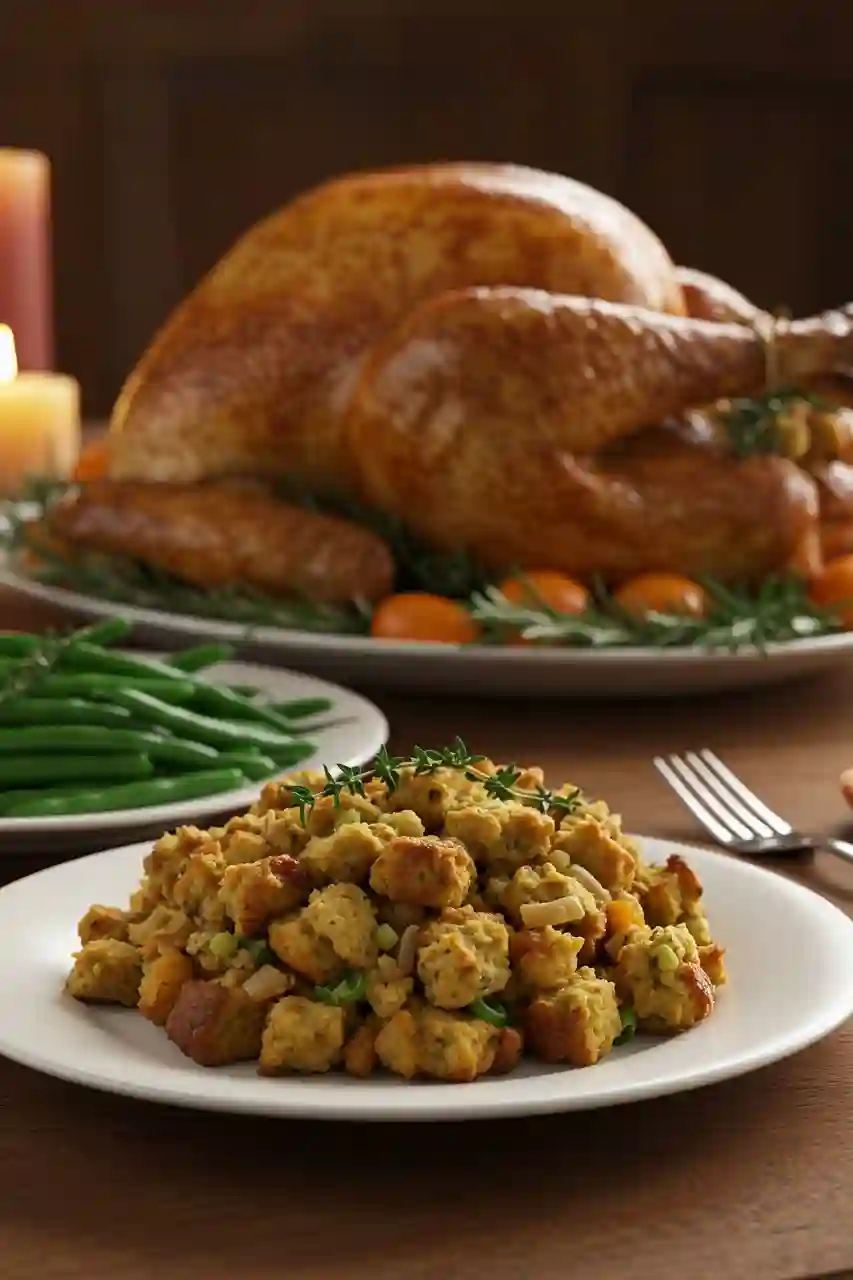 perfect-homemade-stuffing-serving Serving of perfect homemade stuffing on a plate with turkey and green beans