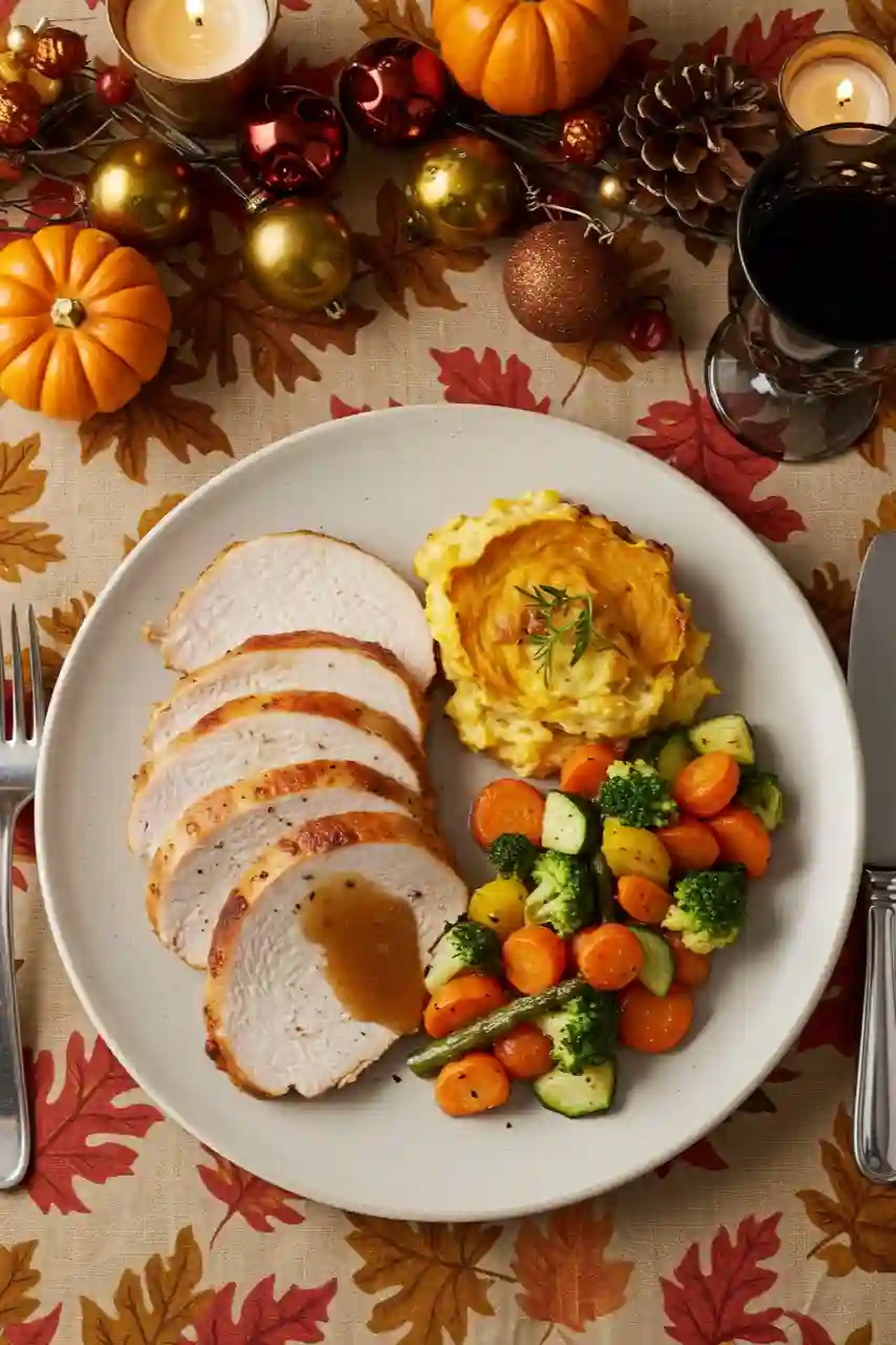 plated-unique-thanksgiving-recipes-turkey-vegetables sliced turkey served with sautéed vegetables and mashed pumpkin from a unique Thanksgiving recipe