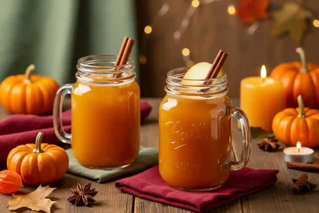 Pumpkin beer cocktail in mason jars with cinnamon sticks and apple garnish.