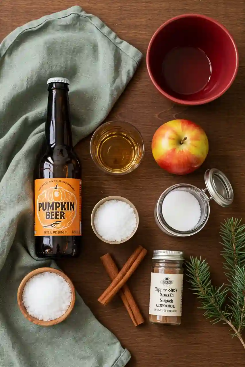 Pumpkin Beer Cocktail Ingredients Flatlay Flatlay of whiskey, pumpkin beer, cider, and spices for a fall cocktail.