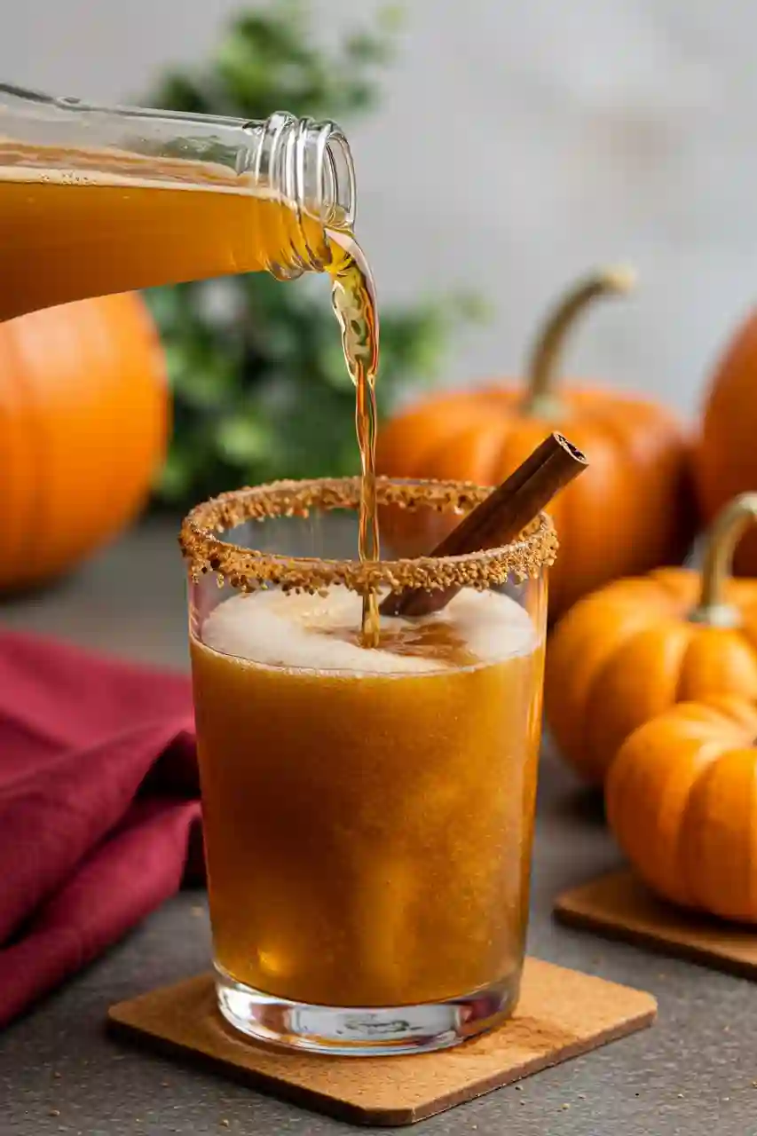 Pouring Pumpkin Beer Cocktail Pouring pumpkin beer into a cinnamon-rimmed glass over cider and whiskey.