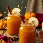 Two pumpkin beer cocktails styled with apples, cinnamon sticks, and autumn props.