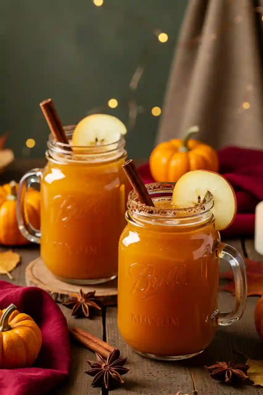 Pumpkin Beer Cocktail Final Serving Two pumpkin beer cocktails styled with apples, cinnamon sticks, and autumn props.