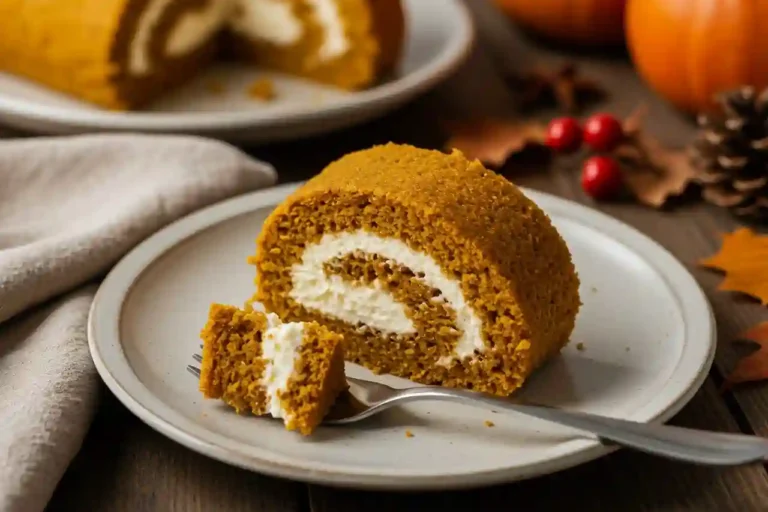 Whole classic pumpkin roll with cream cheese swirls