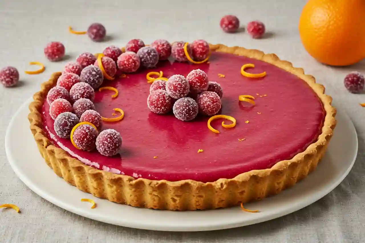 Whole cranberry orange curd tart on ceramic plate with sugared cranberries and orange zest