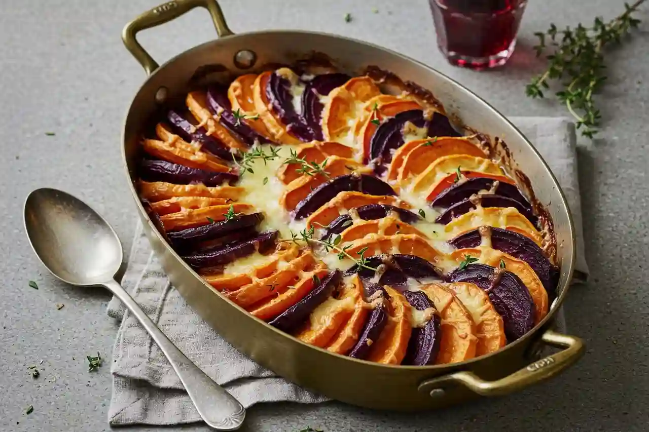 Root vegetable gratin baked in a brass-handled dish with golden cheese topping and thyme