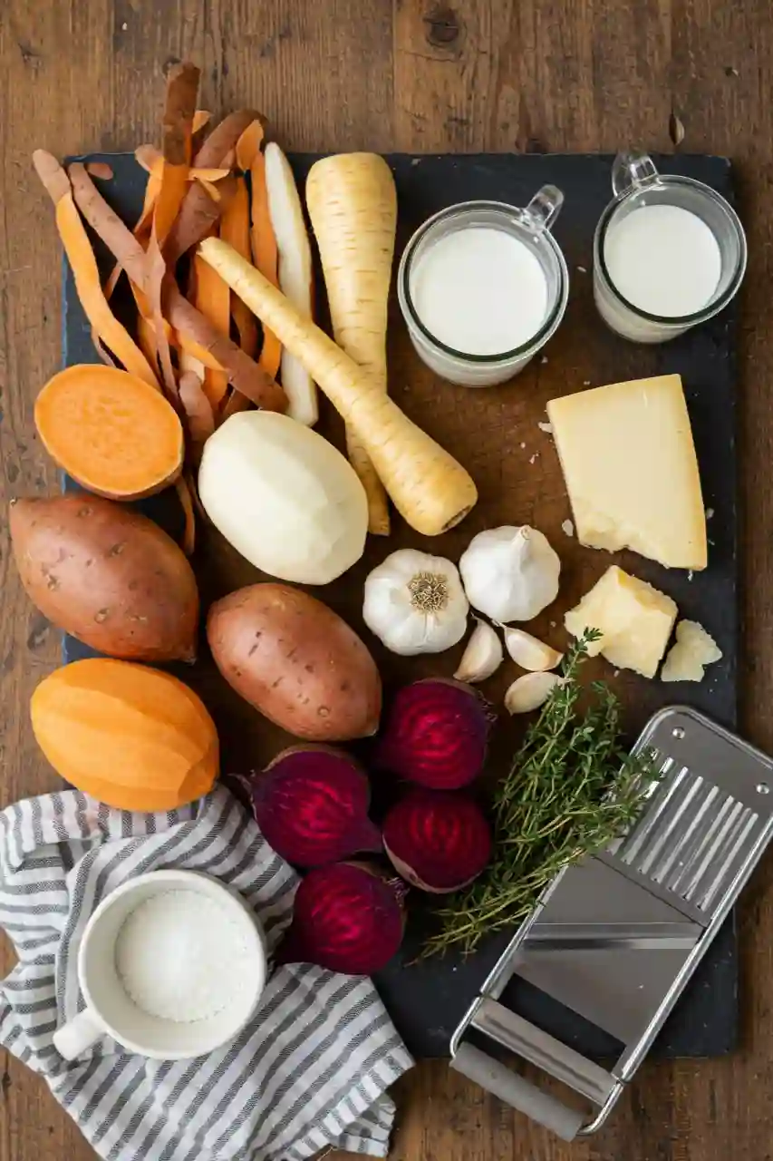 root-vegetable-gratin-ingredients Ingredients for root vegetable gratin including sweet potatoes, parsnips, beets, Gruyère, cream, garlic, and thyme