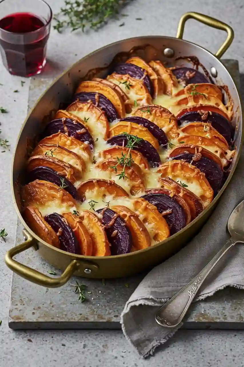 root-vegetable-gratin-serving A plated serving of root vegetable gratin with golden cheese crust and colorful vegetable layers