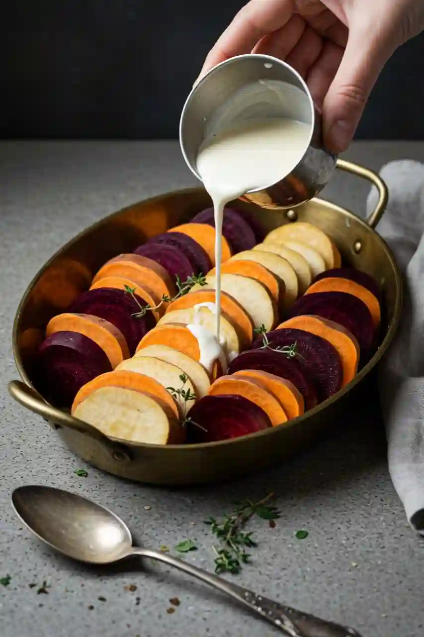 root-vegetable-gratin-step Sliced root vegetables layered upright in a baking dish with cream poured in for gratin