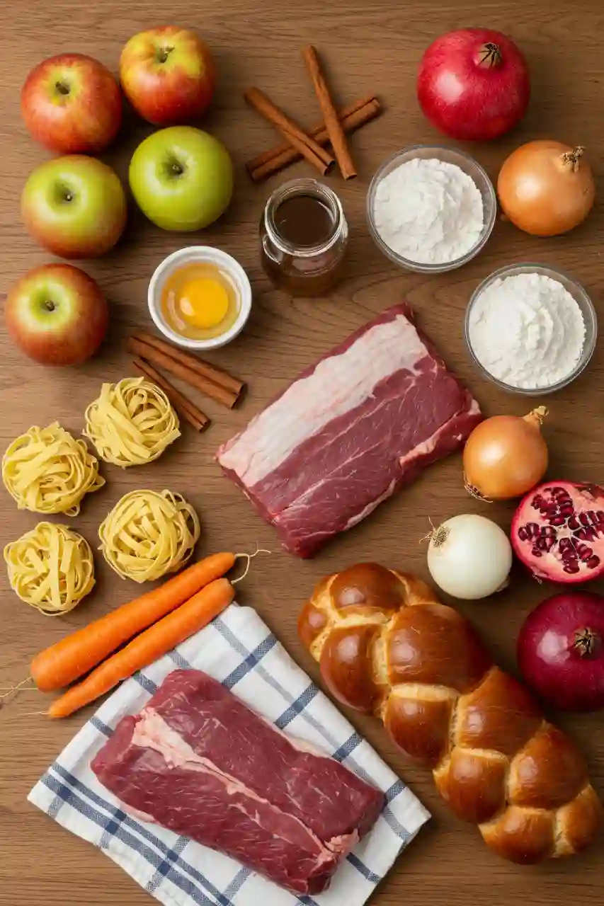 rosh-hashanah-recipe-ingredients-apples-honey-challah Ingredients for Rosh Hashanah recipes including apples, honey, and challah