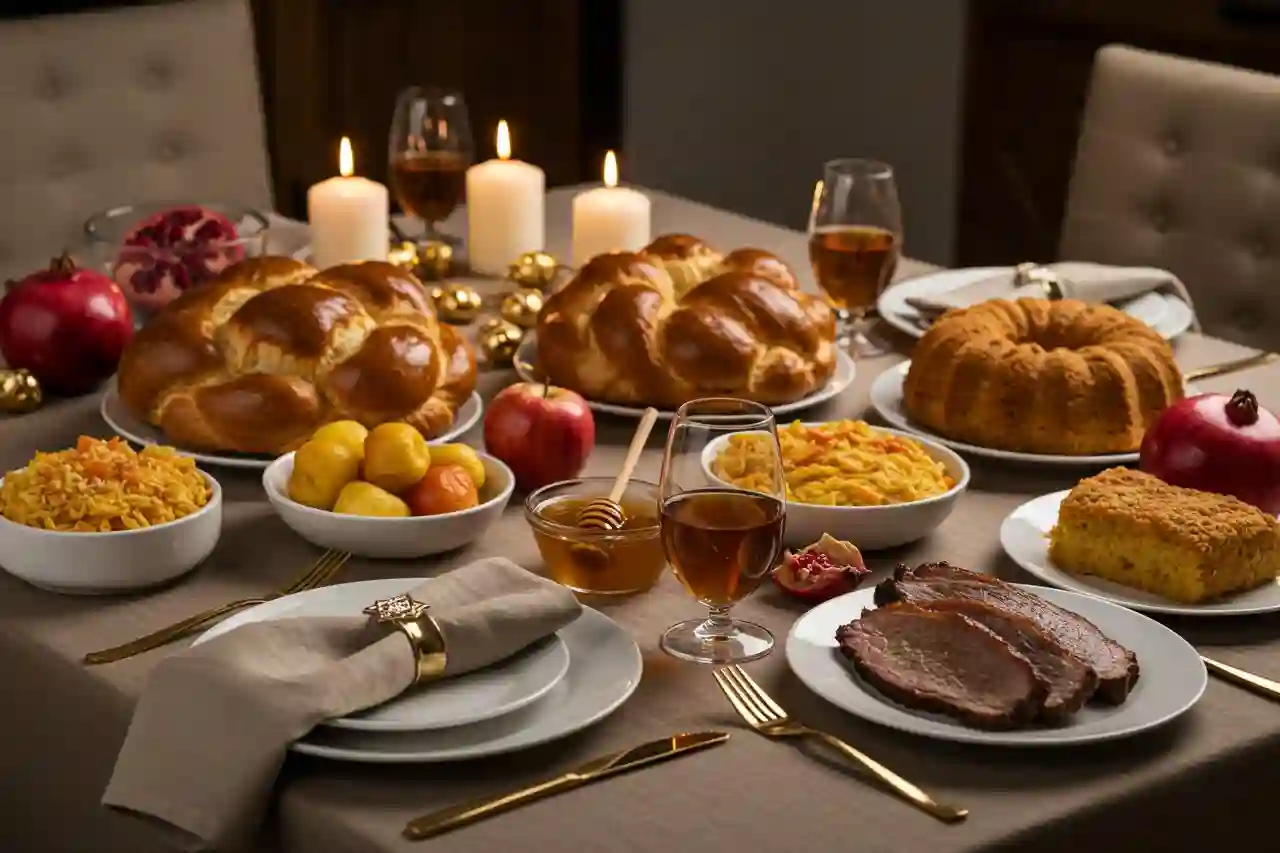 Rosh Hashanah recipes served on a festive holiday table