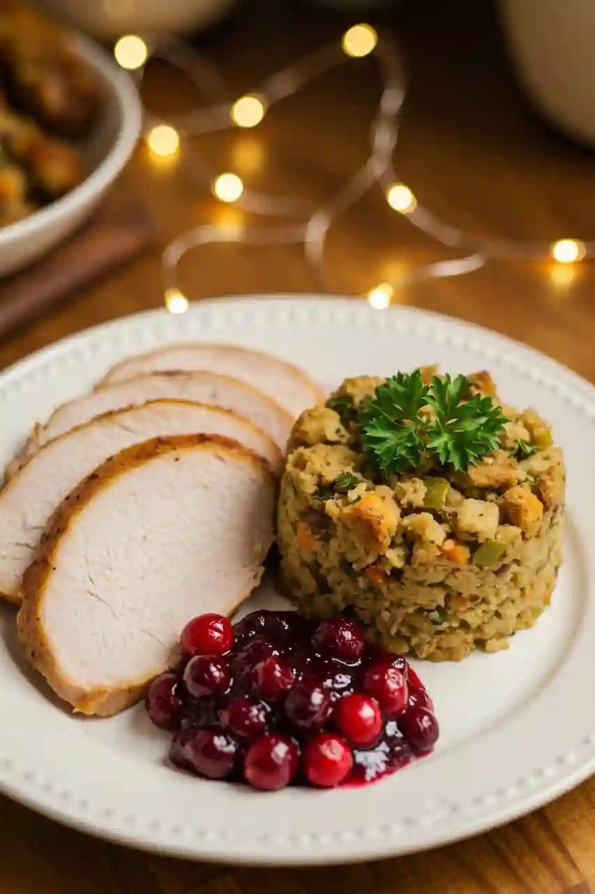 Serving Grandma’s Thanksgiving Stuffing Plate of Grandma’s stuffing with parsley, turkey, and cranberry sauce
