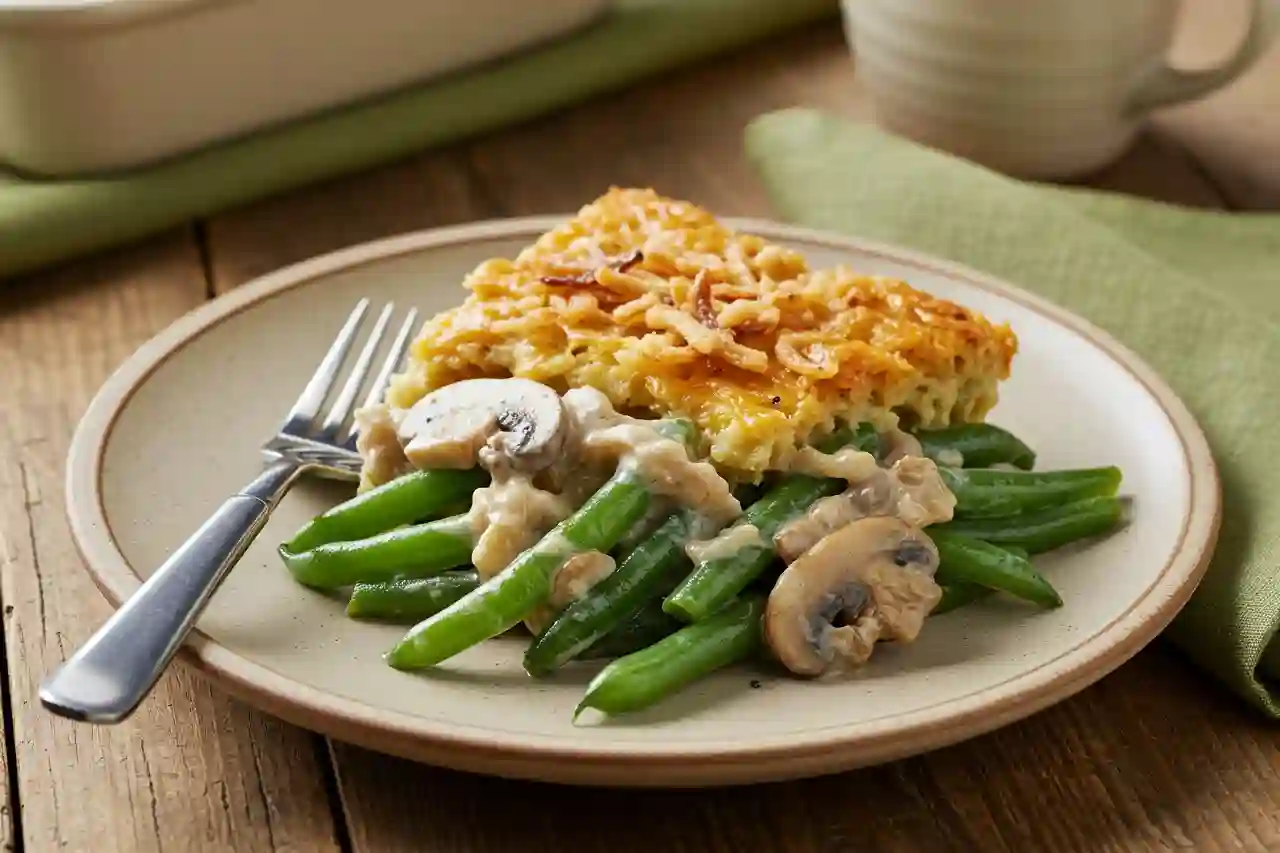 Southern green bean casserole fresh from the oven with crispy golden onions on top