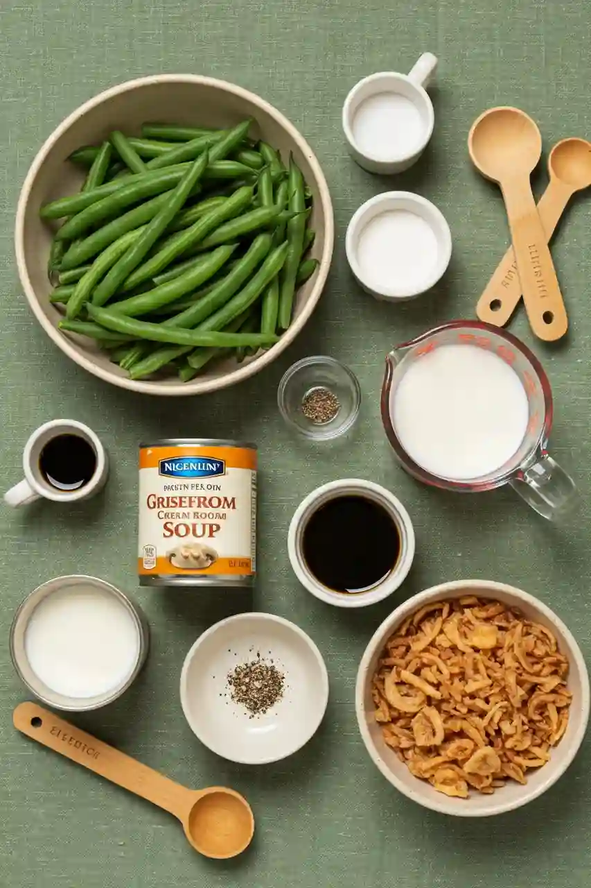 southern-green-bean-casserole-ingredients Ingredients laid out for southern green bean casserole including green beans, mushroom soup, milk, soy sauce, and crispy onions