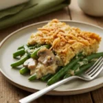 Southern green bean casserole served on a plate with crispy onions and creamy filling