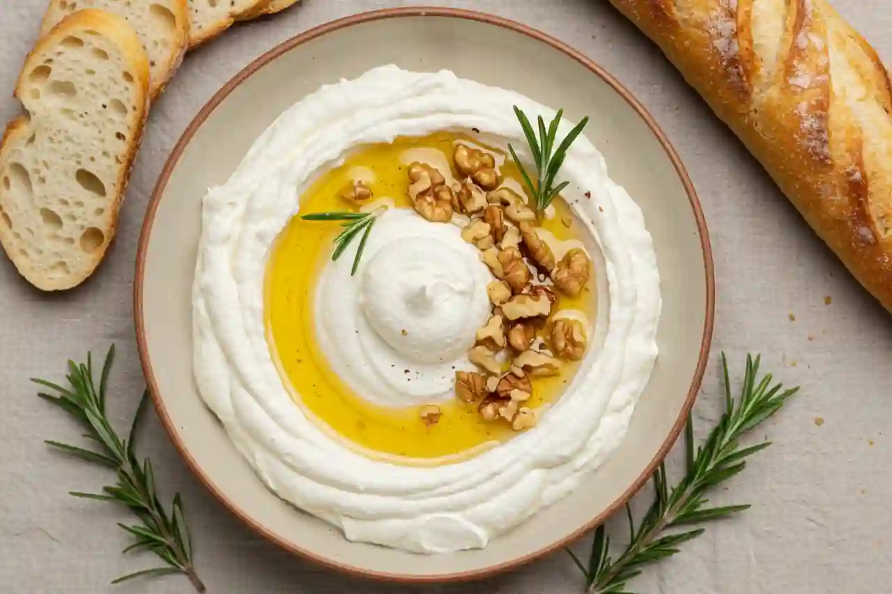 Bowl of spicy ricotta dip with hot honey, walnuts, and rosemary