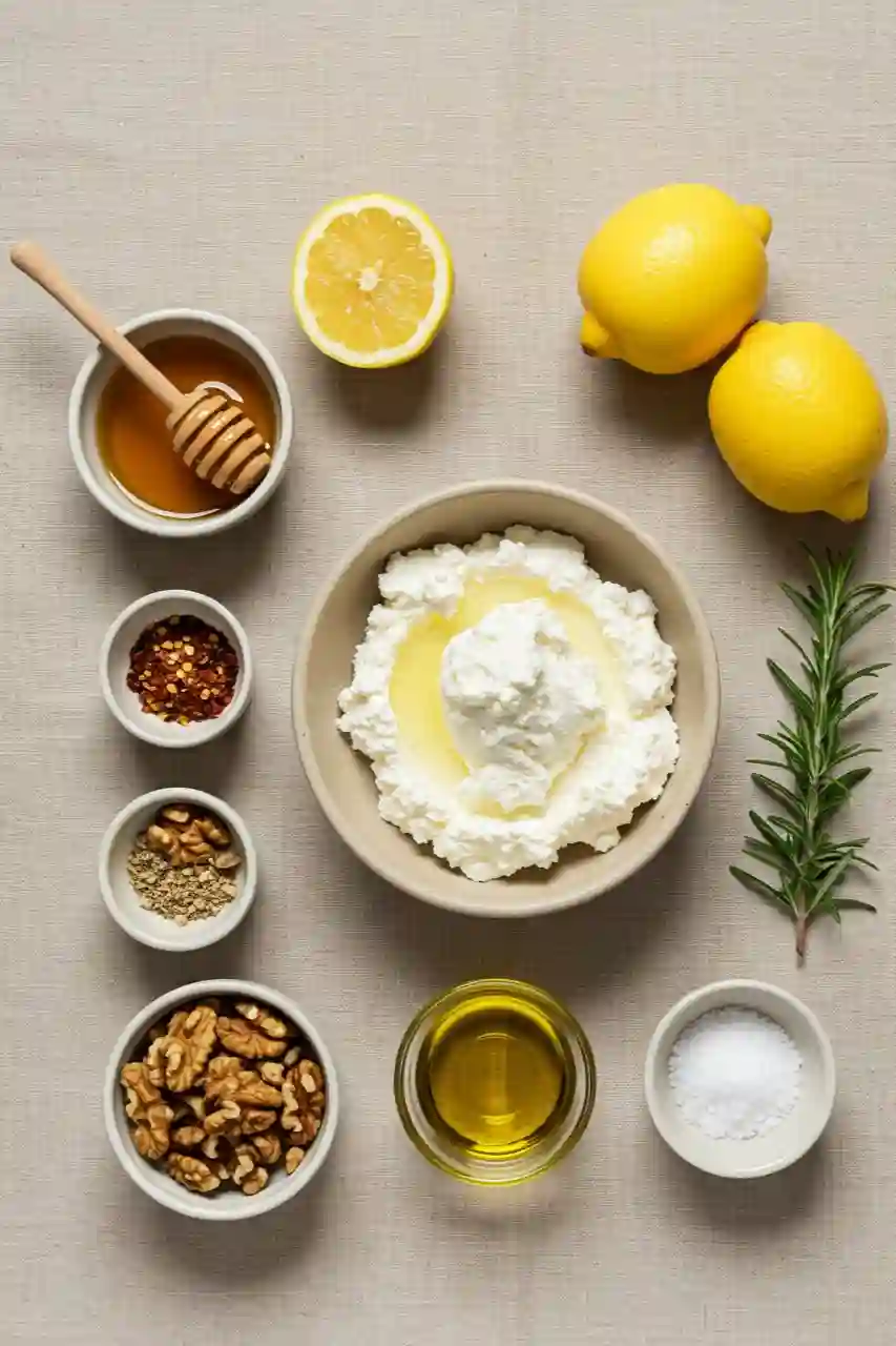 spicy-ricotta-dip-ingredients Ingredients for spicy ricotta dip laid out on a neutral cloth