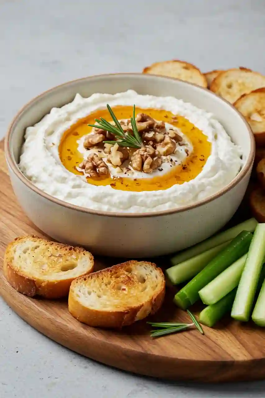 spicy-ricotta-dip-served Spicy ricotta dip garnished with walnuts and rosemary, served with bread and veggies