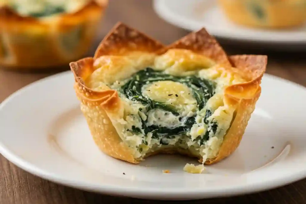 Overhead view of crispy spinach and artichoke wonton cups in a muffin tin, golden and cheesy.