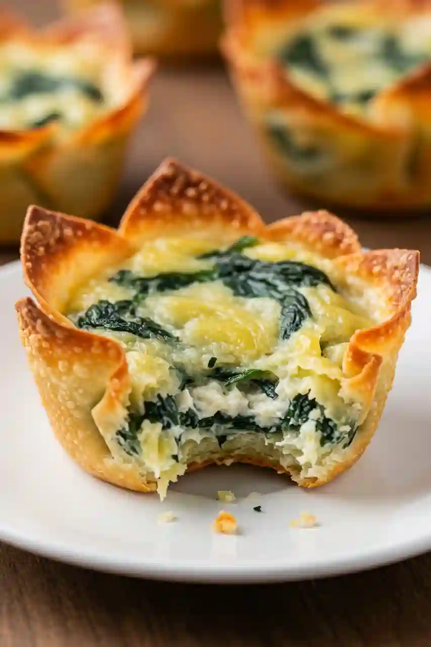 spinach-artichoke-wonton-cup-closeup Single spinach and artichoke wonton cup on plate with a bite taken, showing creamy filling.