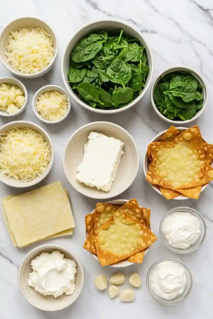 spinach-artichoke-wonton-cups-ingredients Fresh and pantry ingredients for spinach and artichoke wonton cups arranged on a marble surface.